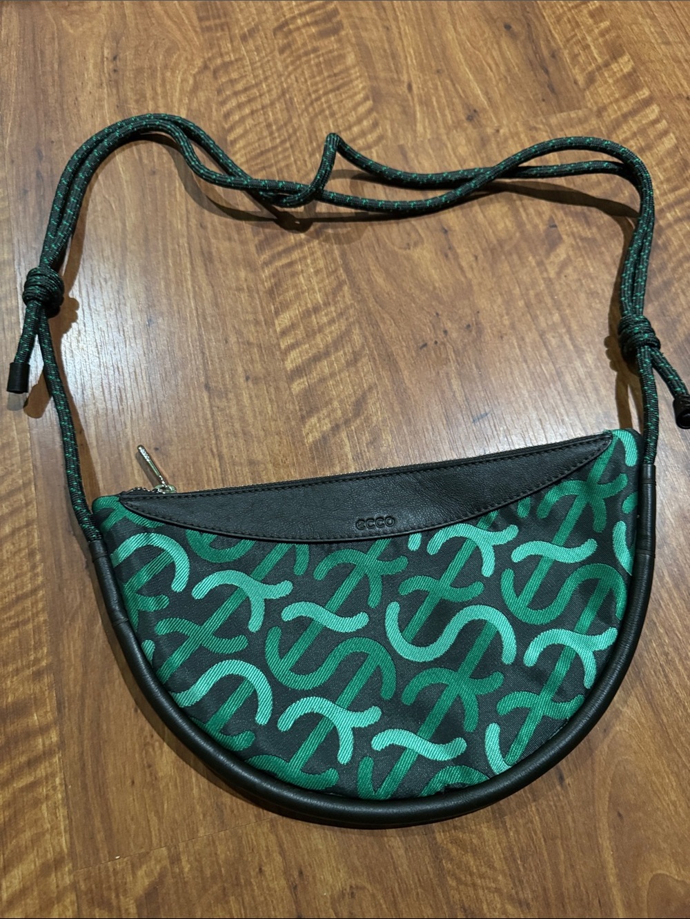 Ecco Green Patterned Crescent Crossbody with Black Trim